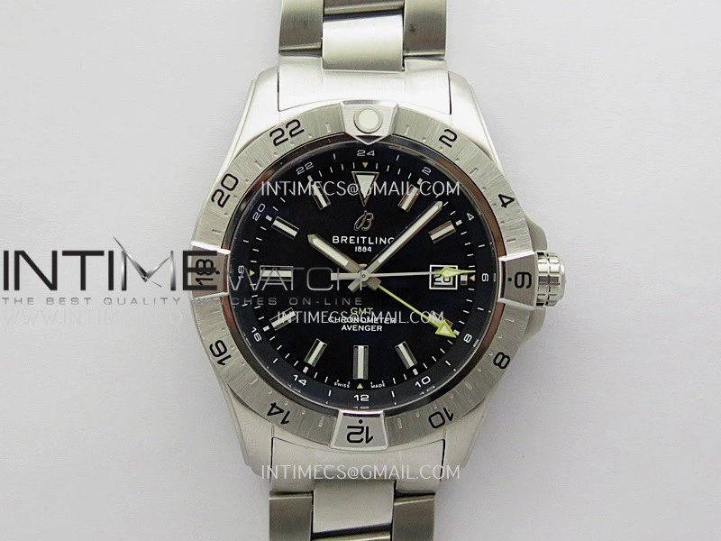 Avenger Chronometer 44mm GMT Yellow Second Hand SS B50 Best Version Black Dial On SS Bracelet A2836