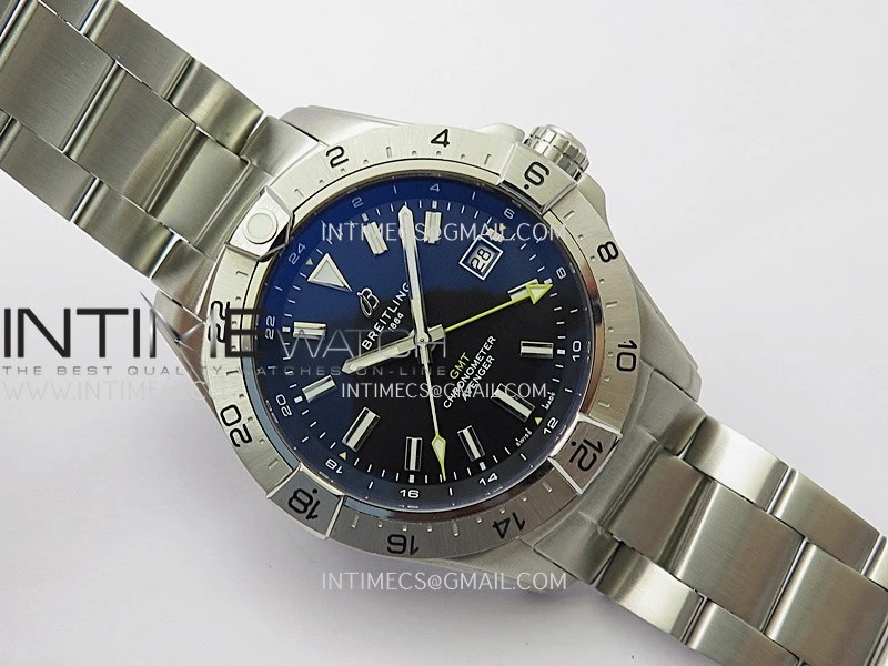 Avenger Chronometer 44mm GMT Yellow Second Hand SS B50 Best Version Black Dial On SS Bracelet A2836