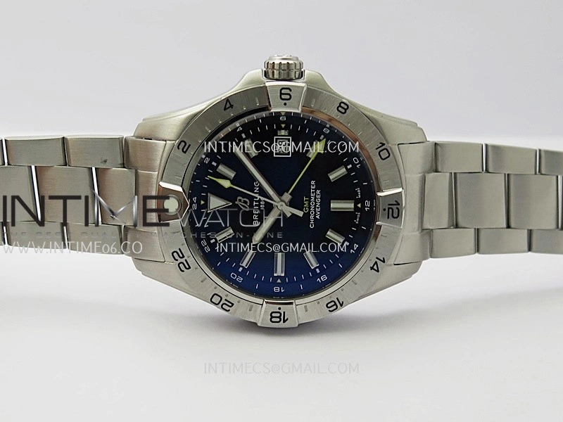 Avenger Chronometer 44mm GMT Yellow Second Hand SS B50 Best Version Black Dial On SS Bracelet A2836