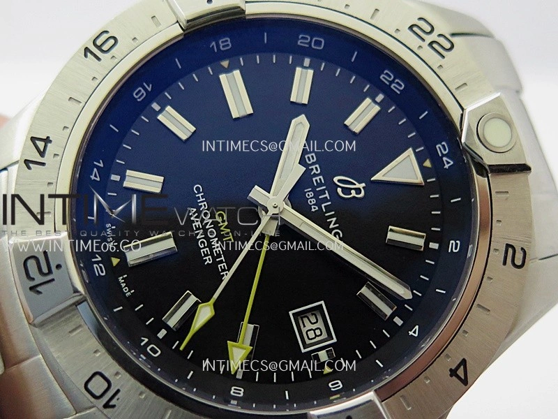 Avenger Chronometer 44mm GMT Yellow Second Hand SS B50 Best Version Black Dial On SS Bracelet A2836