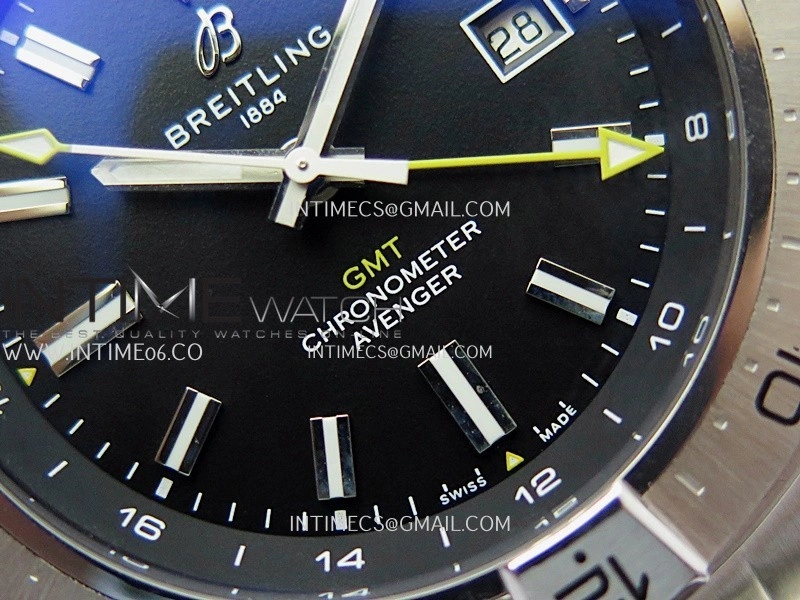 Avenger Chronometer 44mm GMT Yellow Second Hand SS B50 Best Version Black Dial On SS Bracelet A2836
