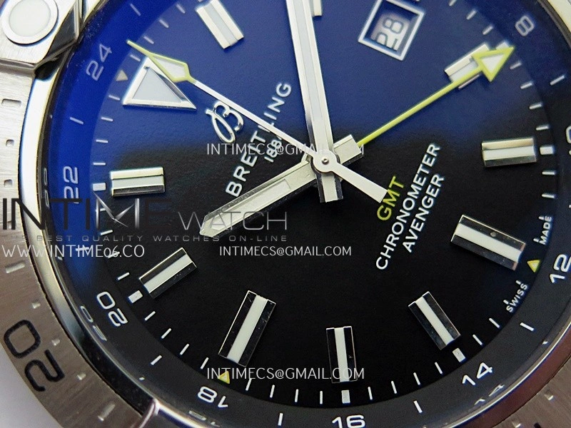Avenger Chronometer 44mm GMT Yellow Second Hand SS B50 Best Version Black Dial On SS Bracelet A2836