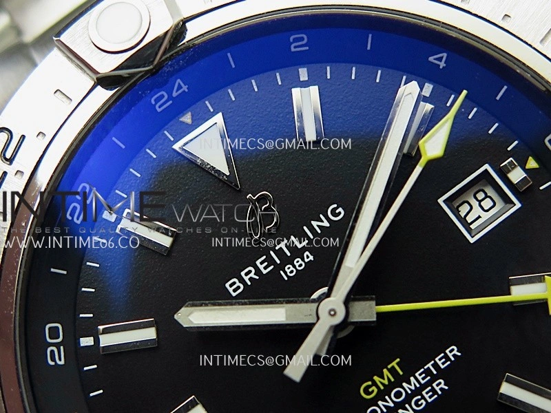 Avenger Chronometer 44mm GMT Yellow Second Hand SS B50 Best Version Black Dial On SS Bracelet A2836