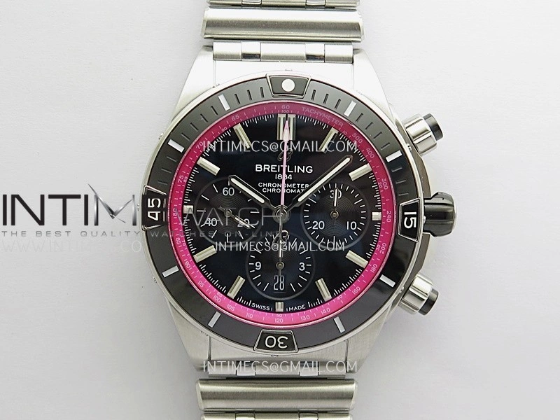 Chronomat B01 44mm SS TF 1:1 Best Edition Black Dial Pink Inner On SS Bracelet A7750 To Cal.01