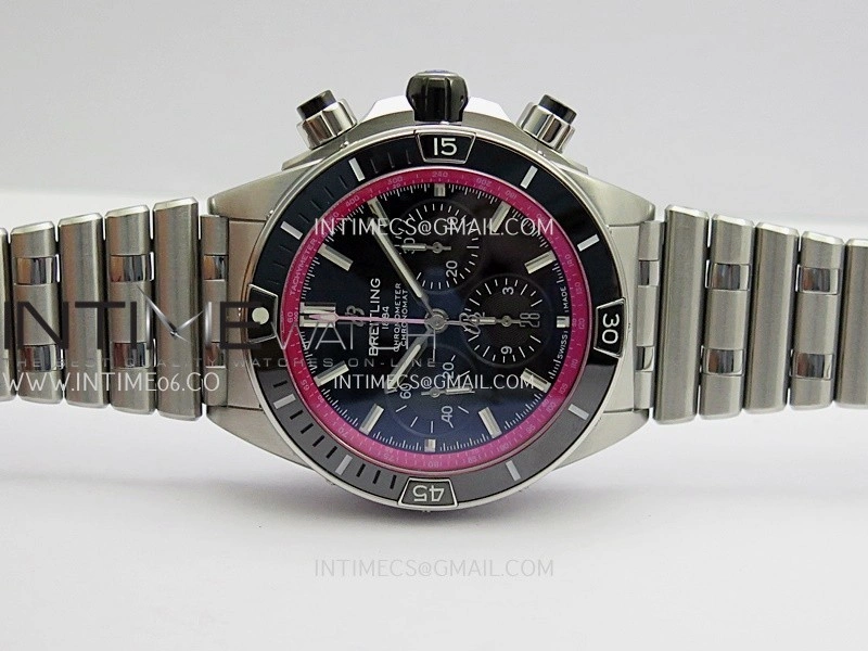Chronomat B01 44mm SS TF 1:1 Best Edition Black Dial Pink Inner On SS Bracelet A7750 To Cal.01