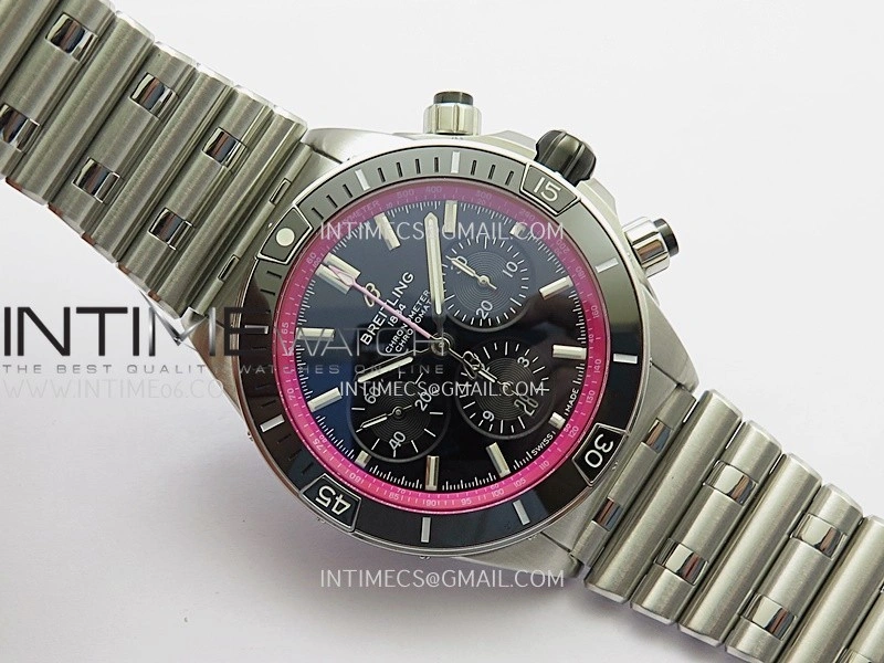 Chronomat B01 44mm SS TF 1:1 Best Edition Black Dial Pink Inner On SS Bracelet A7750 To Cal.01