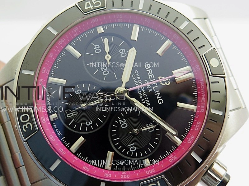 Chronomat B01 44mm SS TF 1:1 Best Edition Black Dial Pink Inner On SS Bracelet A7750 To Cal.01