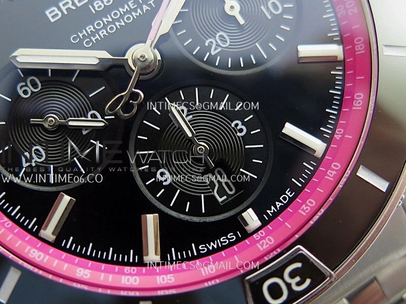 Chronomat B01 44mm SS TF 1:1 Best Edition Black Dial Pink Inner On SS Bracelet A7750 To Cal.01