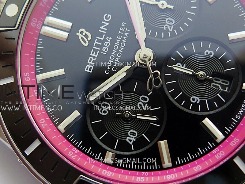 Chronomat B01 44mm SS TF 1:1 Best Edition Black Dial Pink Inner On SS Bracelet A7750 To Cal.01