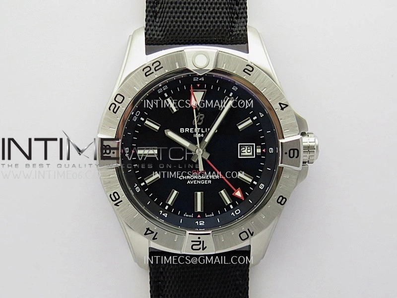 Avenger Chronometer 45mm Red GMT Hand SS B50F 1:1 Best Edition Black Dial On Black Nylon Strap A2836