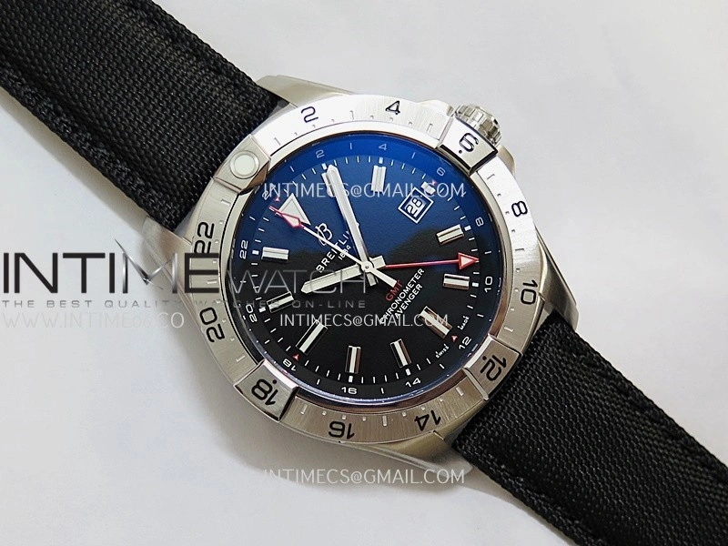 Avenger Chronometer 45mm Red GMT Hand SS B50F 1:1 Best Edition Black Dial On Black Nylon Strap A2836
