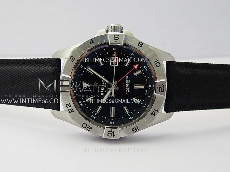 Avenger Chronometer 45mm Red GMT Hand SS B50F 1:1 Best Edition Black Dial On Black Nylon Strap A2836