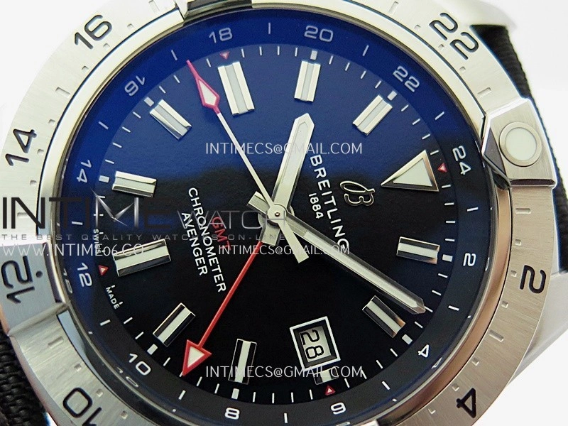 Avenger Chronometer 45mm Red GMT Hand SS B50F 1:1 Best Edition Black Dial On Black Nylon Strap A2836