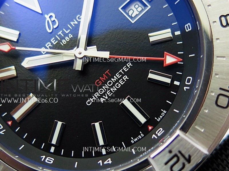 Avenger Chronometer 45mm Red GMT Hand SS B50F 1:1 Best Edition Black Dial On Black Nylon Strap A2836