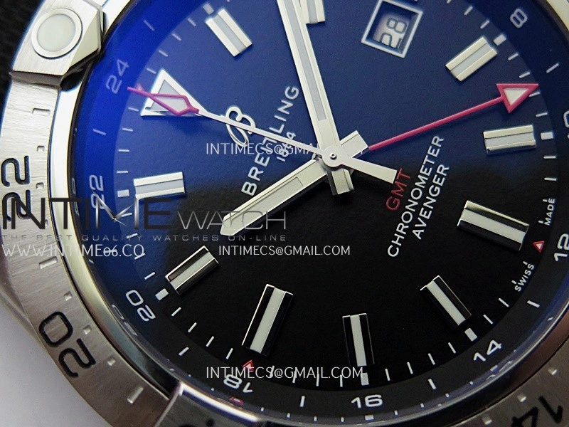 Avenger Chronometer 45mm Red GMT Hand SS B50F 1:1 Best Edition Black Dial On Black Nylon Strap A2836