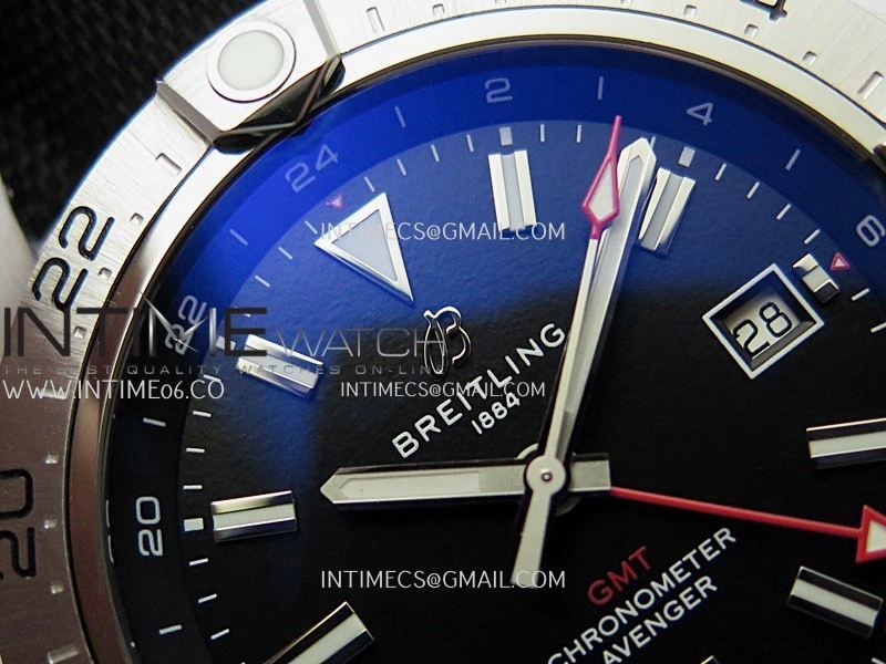 Avenger Chronometer 45mm Red GMT Hand SS B50F 1:1 Best Edition Black Dial On Black Nylon Strap A2836