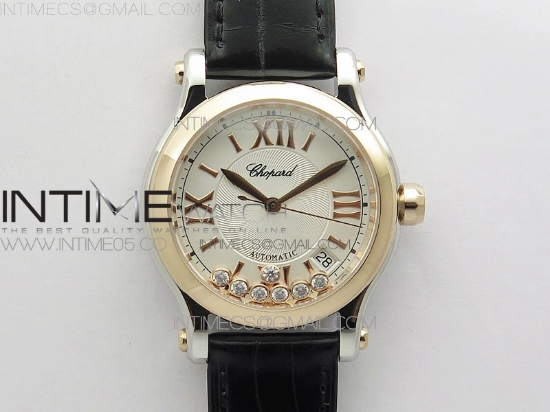 HAPPY SPORT AUTOMATIC SS RG 36MM YYF 1:1 BEST EDITION WHITE DIAL ON GREEN LEATHER STRAP A2892