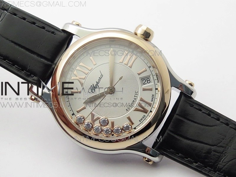 HAPPY SPORT AUTOMATIC SS RG 36MM YYF 1:1 BEST EDITION WHITE DIAL ON GREEN LEATHER STRAP A2892
