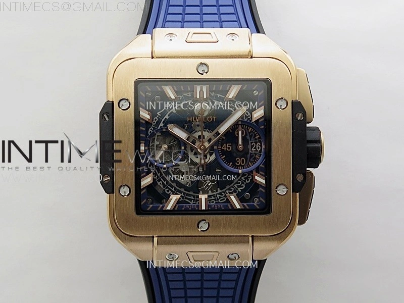 Square Bang Unico 42mm RG BBF 1:1 Best Edition Skeleton Dial on Blue Rubber Strap A1280