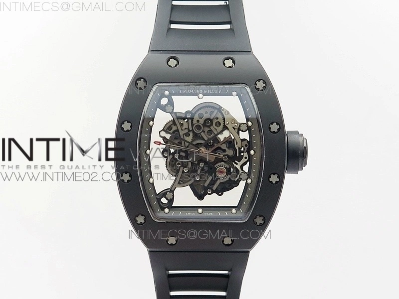 RM055 White Ceramic Case KVF Best Edition Black Ceramic Bezel Skeleton Dial on Black Rubber Strap MIYOTA8215