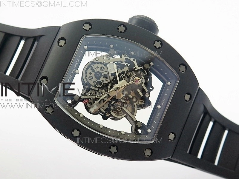 RM055 White Ceramic Case KVF Best Edition Black Ceramic Bezel Skeleton Dial on Black Rubber Strap MIYOTA8215