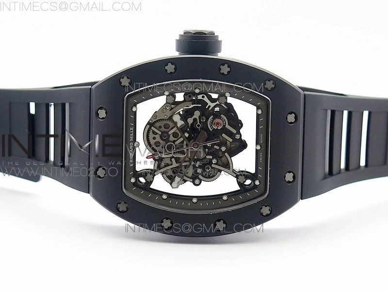 RM055 White Ceramic Case KVF Best Edition Black Ceramic Bezel Skeleton Dial on Black Rubber Strap MIYOTA8215
