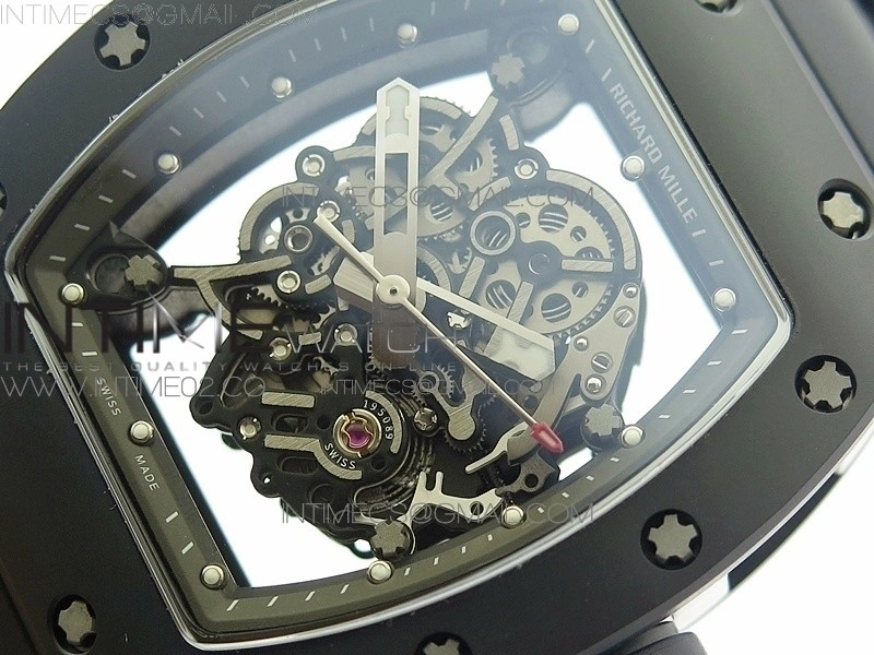 RM055 White Ceramic Case KVF Best Edition Black Ceramic Bezel Skeleton Dial on Black Rubber Strap MIYOTA8215