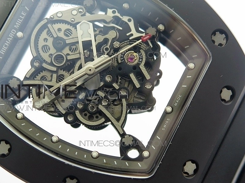 RM055 White Ceramic Case KVF Best Edition Black Ceramic Bezel Skeleton Dial on Black Rubber Strap MIYOTA8215