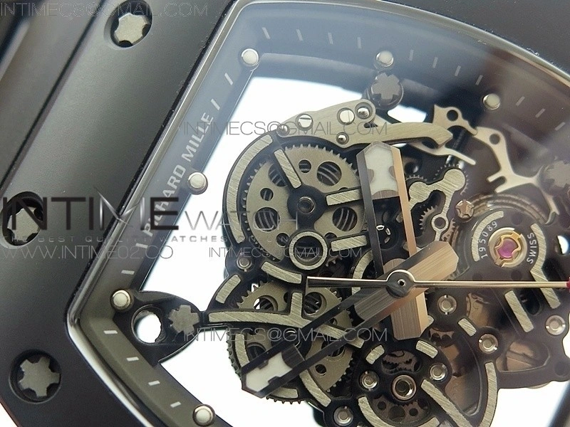 RM055 White Ceramic Case KVF Best Edition Black Ceramic Bezel Skeleton Dial on Black Rubber Strap MIYOTA8215