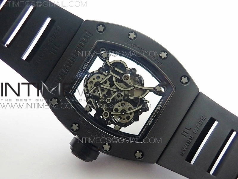 RM055 White Ceramic Case KVF Best Edition Black Ceramic Bezel Skeleton Dial on Black Rubber Strap MIYOTA8215