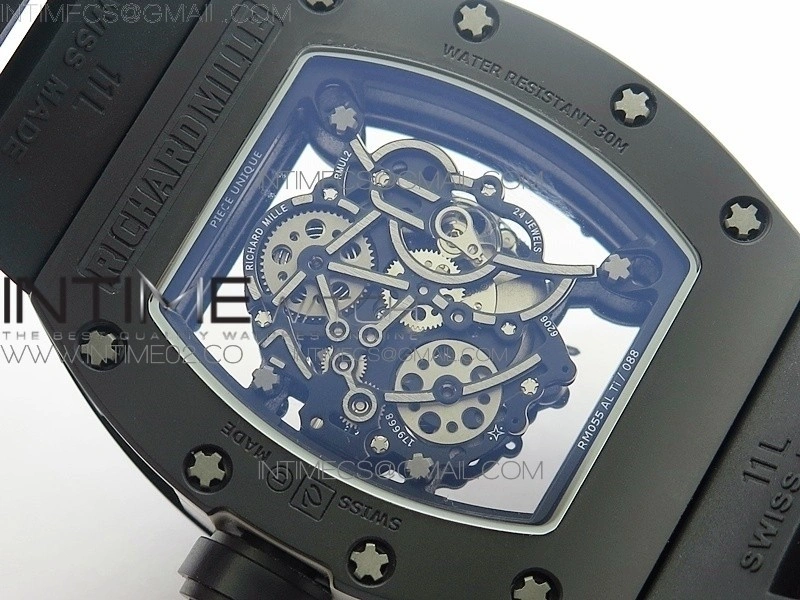 RM055 White Ceramic Case KVF Best Edition Black Ceramic Bezel Skeleton Dial on Black Rubber Strap MIYOTA8215