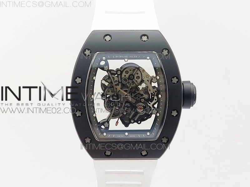 RM055 White Ceramic Case KVF Best Edition Black Ceramic Bezel Skeleton Dial on White Rubber Strap MIYOTA8215