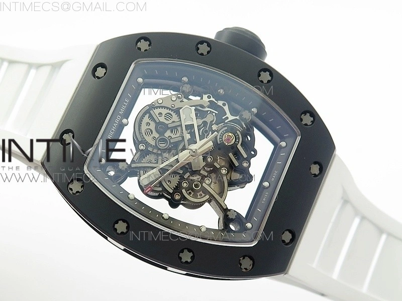 RM055 White Ceramic Case KVF Best Edition Black Ceramic Bezel Skeleton Dial on White Rubber Strap MIYOTA8215