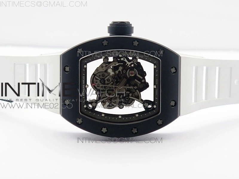 RM055 White Ceramic Case KVF Best Edition Black Ceramic Bezel Skeleton Dial on White Rubber Strap MIYOTA8215
