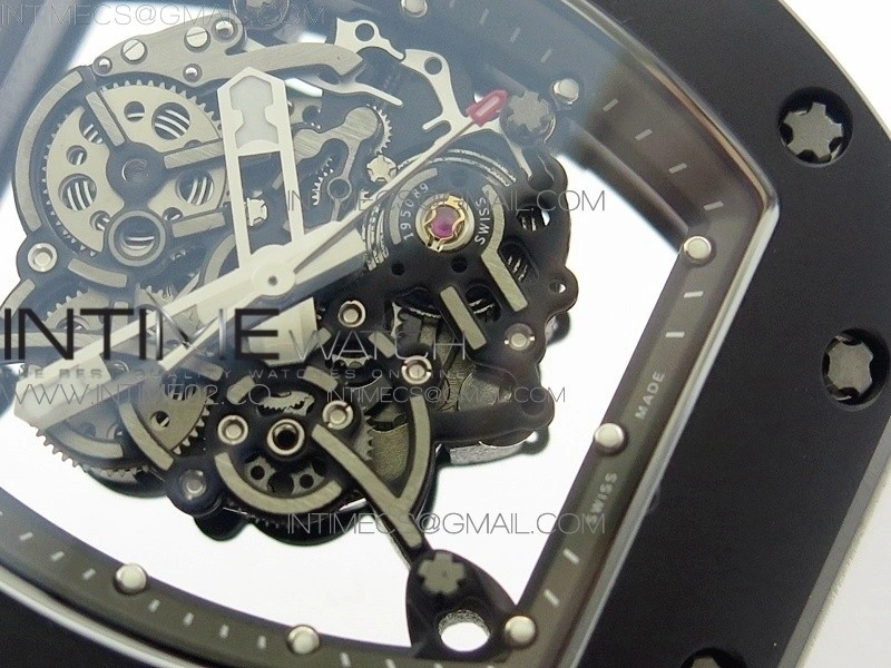 RM055 White Ceramic Case KVF Best Edition Black Ceramic Bezel Skeleton Dial on White Rubber Strap MIYOTA8215