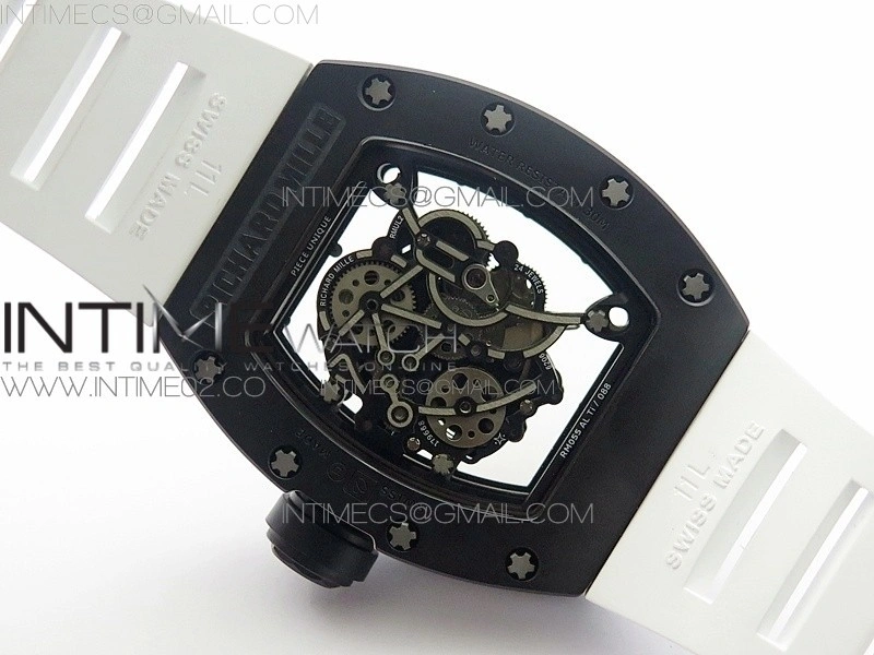 RM055 White Ceramic Case KVF Best Edition Black Ceramic Bezel Skeleton Dial on White Rubber Strap MIYOTA8215