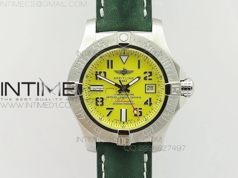 Seawolf SS 1:1 Best Edition SuperLumed Yellow Dial Number Markers on Green Leather Strap A2824