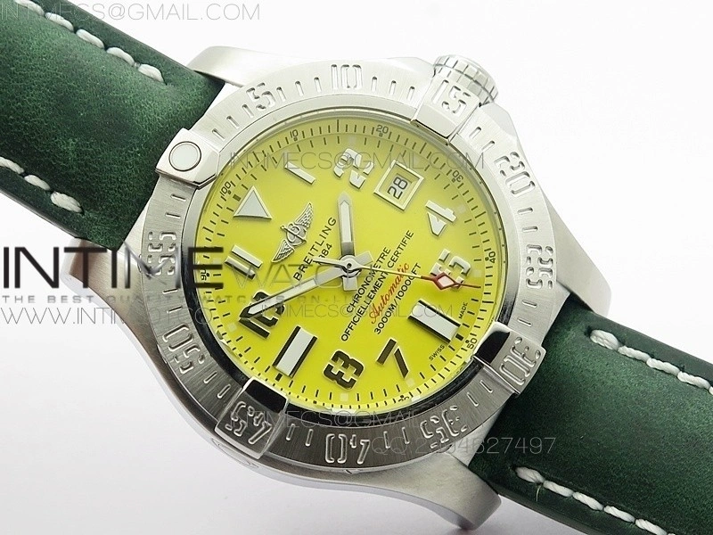 Seawolf SS 1:1 Best Edition SuperLumed Yellow Dial Number Markers on Green Leather Strap A2824