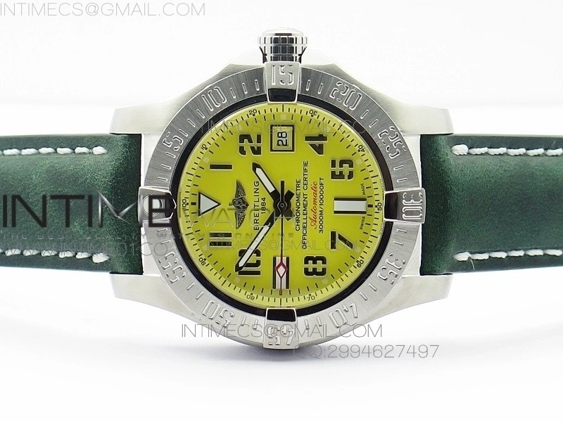 Seawolf SS 1:1 Best Edition SuperLumed Yellow Dial Number Markers on Green Leather Strap A2824