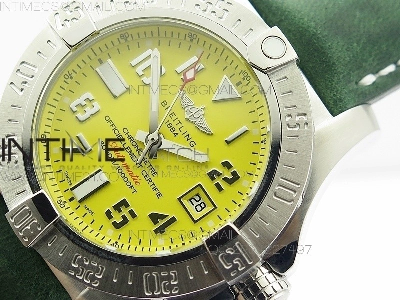 Seawolf SS 1:1 Best Edition SuperLumed Yellow Dial Number Markers on Green Leather Strap A2824