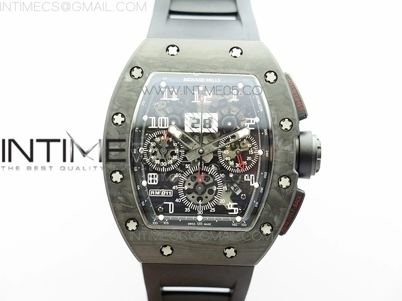RM011 Carbon Case Carbon Bezel Chronograph KVF 1:1 Best Edition Skeleton Dial on Black Rubber Strap A7750
