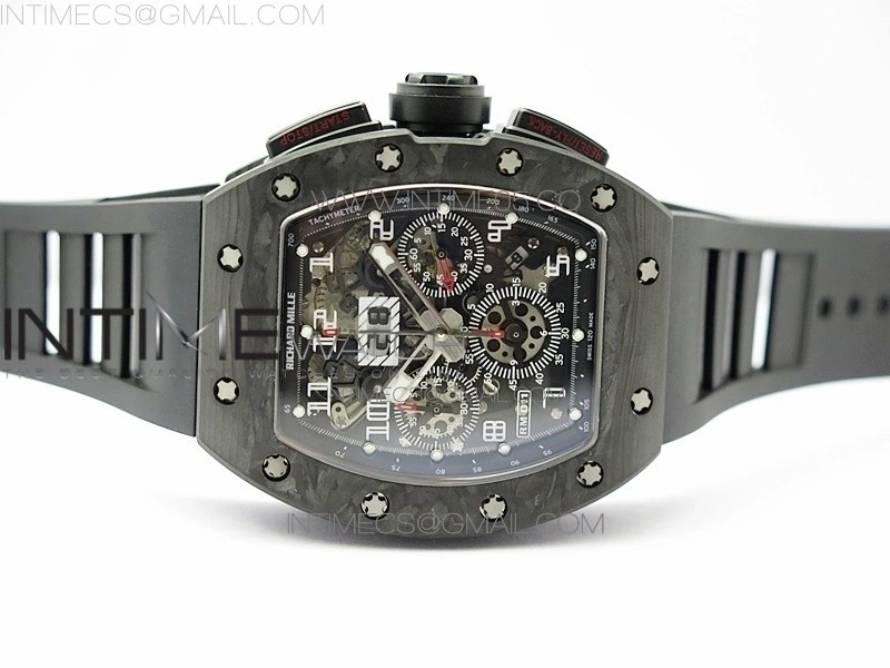 RM011 Carbon Case Carbon Bezel Chronograph KVF 1:1 Best Edition Skeleton Dial on Black Rubber Strap A7750