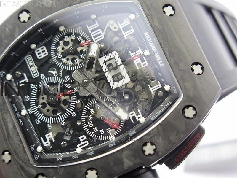 RM011 Carbon Case Carbon Bezel Chronograph KVF 1:1 Best Edition Skeleton Dial on Black Rubber Strap A7750