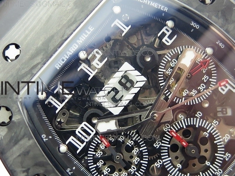 RM011 Carbon Case Carbon Bezel Chronograph KVF 1:1 Best Edition Skeleton Dial on Black Rubber Strap A7750