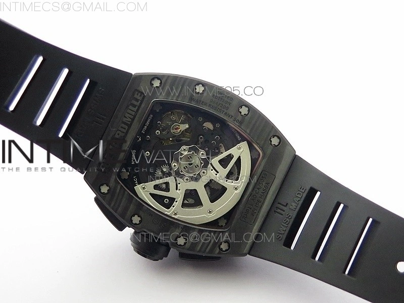 RM011 Carbon Case Carbon Bezel Chronograph KVF 1:1 Best Edition Skeleton Dial on Black Rubber Strap A7750