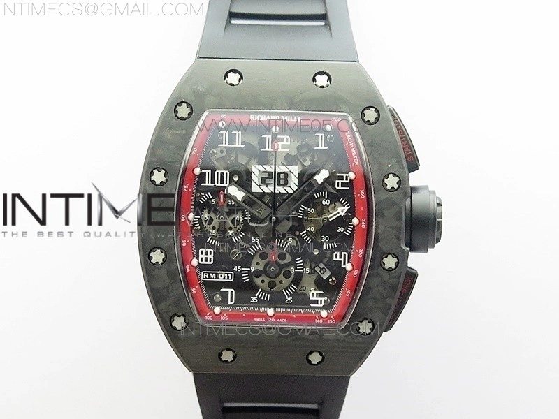 RM011 Carbon Case Carbon Bezel Chronograph KVF 1:1 Best Edition Skeleton Dial on Black Rubber Strap A7750