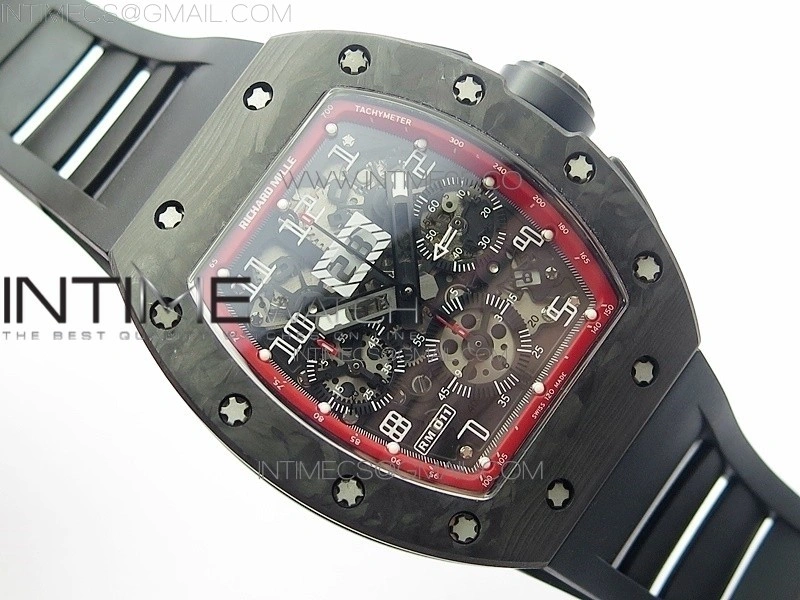 RM011 Carbon Case Carbon Bezel Chronograph KVF 1:1 Best Edition Skeleton Dial on Black Rubber Strap A7750