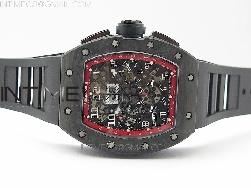 RM011 Carbon Case Carbon Bezel Chronograph KVF 1:1 Best Edition Skeleton Dial on Black Rubber Strap A7750
