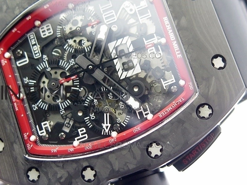 RM011 Carbon Case Carbon Bezel Chronograph KVF 1:1 Best Edition Skeleton Dial on Black Rubber Strap A7750