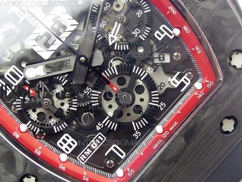 RM011 Carbon Case Carbon Bezel Chronograph KVF 1:1 Best Edition Skeleton Dial on Black Rubber Strap A7750